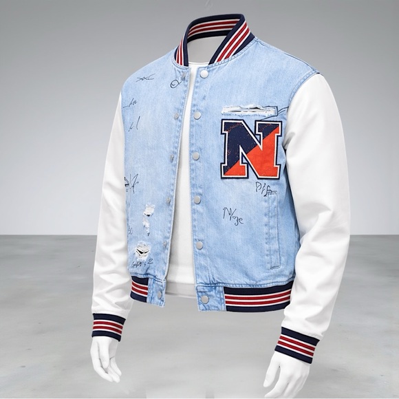 Fashion Nova Men’s Light Blue & White Graffiti Denim Varsity Jacket - Picture 8 of 13
